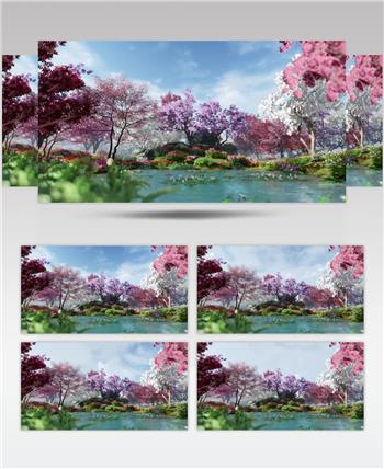3D渲染樱花花园湖水美景