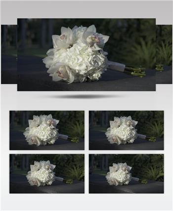 高清实拍在台阶上的新娘白玫瑰捧花