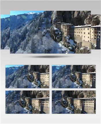 冬天山脉森林中的修道院美景实拍视频