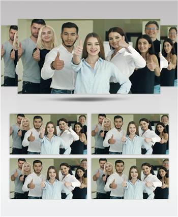 摄影特写欧美办公商业员工一起合影竖起大拇指