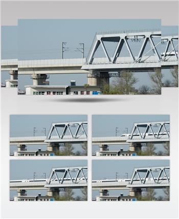 高铁动车飞速驶过高架桥铁轨铁路运输