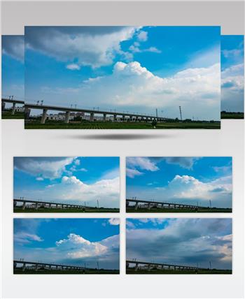 高铁桥延时摄影蓝天白云白云飘荡瞬间开始下雨镜头上落雨点高清