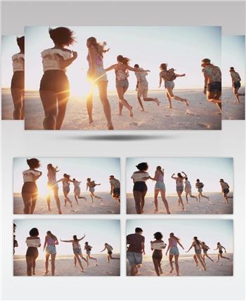 人物向阳奔跑伙伴沙滩玩耍正能量宣传视频素材