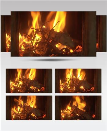燃烧的木炭柴火堆篝火土灶