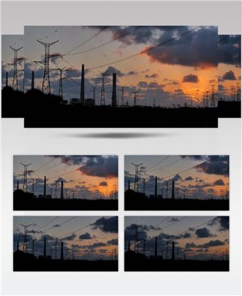 黄昏夕阳电力铁塔电网电力设备延时拍摄