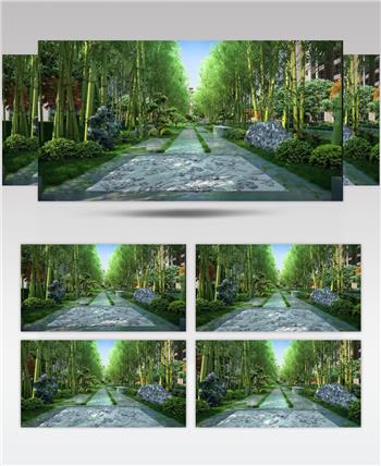清新新中式园林中轴景观道路竹林竹叶飘落视频素材