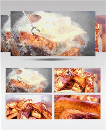 实拍特写红烧油炸猪肉美食制作背景视频