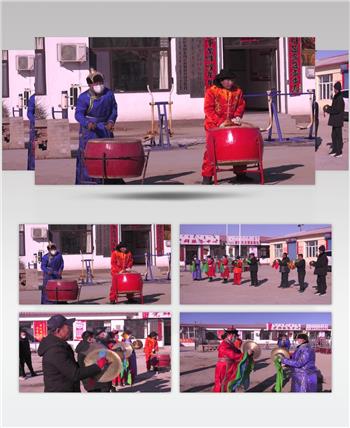 牧区蒙古族牧民敲锣打鼓庆新年