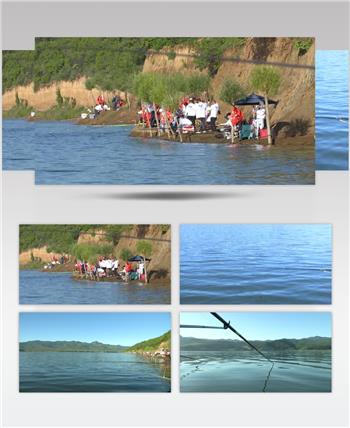 钓鱼钓友在湖边钓鱼千人钓鱼