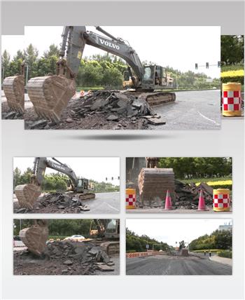 修路钩机钩开破损油漆路面