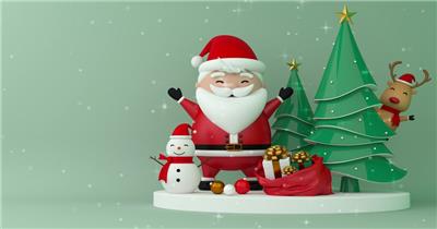 3D渲染 圣诞老人，雪人，驯鹿和圣诞树在舞台上