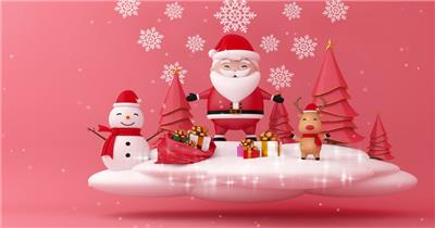 3D渲染原创圣诞节素材，放心下载！圣诞老人，雪人，驯鹿和白云上的圣诞树
