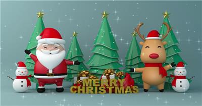3D渲染原创圣诞节素材，放心下载!圣诞老人，驯鹿和雪人，圣诞快乐!