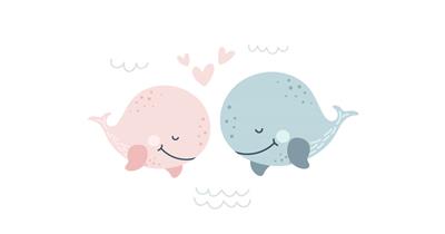 两只可爱的小鲸鱼,婚礼邀请函贺卡、视频海报动画插图!