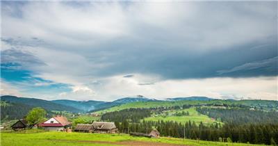 延时摄影蓝天白云下村庄树林