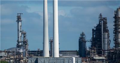 延时摄影蓝色天空下一座发电厂里冒烟的大烟囱