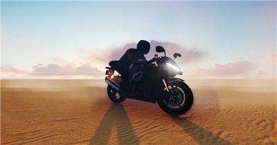 CG动画在沙漠中央骑摩托车的人