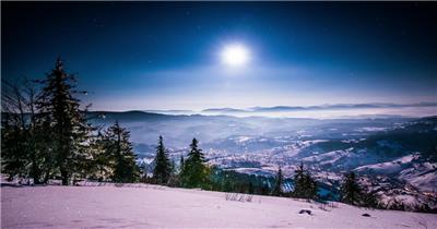 延时摄影冬季山脉森林星空月亮实拍视频