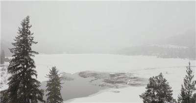 冰雪覆盖的松树林中的冰湖实拍视频