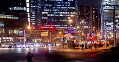 延时摄影北京夜晚车辆穿梭的人行横道