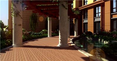 绿廊 花草 雕塑 树木 墙面 幕墙 楼盘 房地产 3D动画 停车场 商业街 夜景