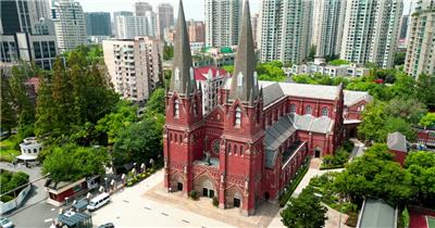 上海徐家汇天主教堂4K航拍视频素材