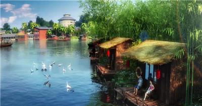 三维山水田园休闲度假村动画背景视频